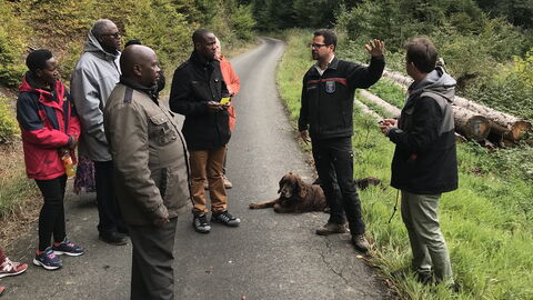 Dr. Wagner erklärt den Einsatz von Holzerntemaschinen und die Holztransportkette
