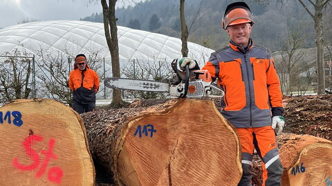 Forstwirt Frank Krämer mit dem von ihm gefällten Douglasienstamm