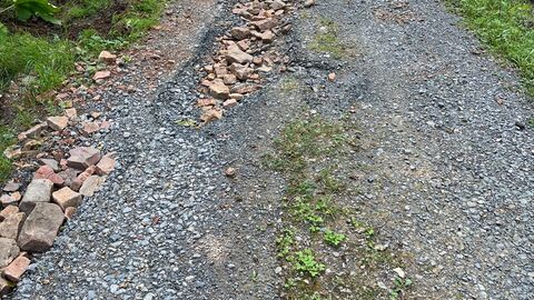 Freigespülte Fahrbahn eines Waldweges. Für Wanderer ohne Gefahr zu benutzen. Für Radfahrer, Reiter und Kutscher aber eine Gefahrenquelle. Dennoch mit angepasster Geschwindigkeit passierbar.