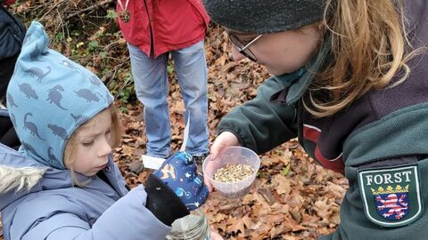Försterin bastelt gemeinsam mit Kind einen Futterzapfen 
