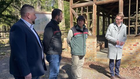 Auf dem Foto sehen sie 4 Männer im akademischen Forstgarten. Rechts steht Staatssekretär Michael Ruhl und verleiht den anderen 3 Personen die hessische Rettungsmedaille. 