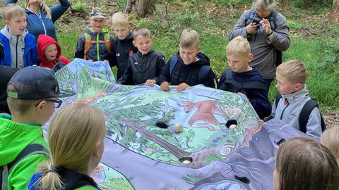 Kinder spielen im Wald mit einem bunt bemalten Tuch.