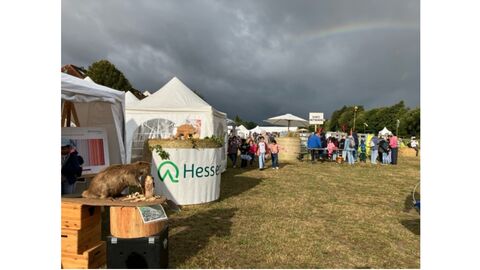 Auf Regen folgt Regenbogen Montag Morgens, Schulen und Kindergärten besuchen die Kreistierschau Stand des Fortamtes Weilrod Mehrere Stände vor bewölktem Himmel auf einer Wiese.
