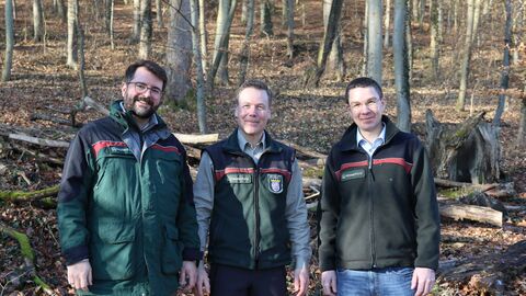 Drei Männer in Forstdienstkleidung stehen nebeneinander im Wald und lächeln den Betrachter an. 