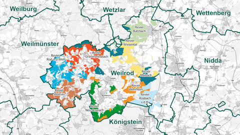 Karte der Fläche des Forstamtes Weilrod mit farblich gekennzeichneten Bereichen der Revierförstereien. 
