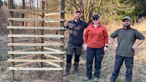 Neben einem mit Holzschutz versehenen, jungen Apfelbaum stehen zwei junge Männer und eine junge Frau. Im Hintergrund stehen Bäume, die Sonne scheint. s
